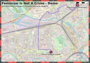 Karte der Route: Feminism is not a crime Demo. 06.04., 18:00. Verlauf: Amtsgericht Tiergarten Turmstr. Stromstr. Föhrer Str. Torfstr. Sprengelstr. Tegeler Str. Triftstr. Müllerstr. Lindower Str. Widerstandsplatz (Nettelbeckplatz)