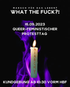 Eine brennende Kerze, auf der noch die letzten 6 Buchstaben von "Patriarchy" zu lesen sind. Im Hintergrund lilane Flammen und die Info: 16.9. queer-feministischer Protesttag, Kundgebung ab 10:30 Uhr vorm Hauptbahnhof.