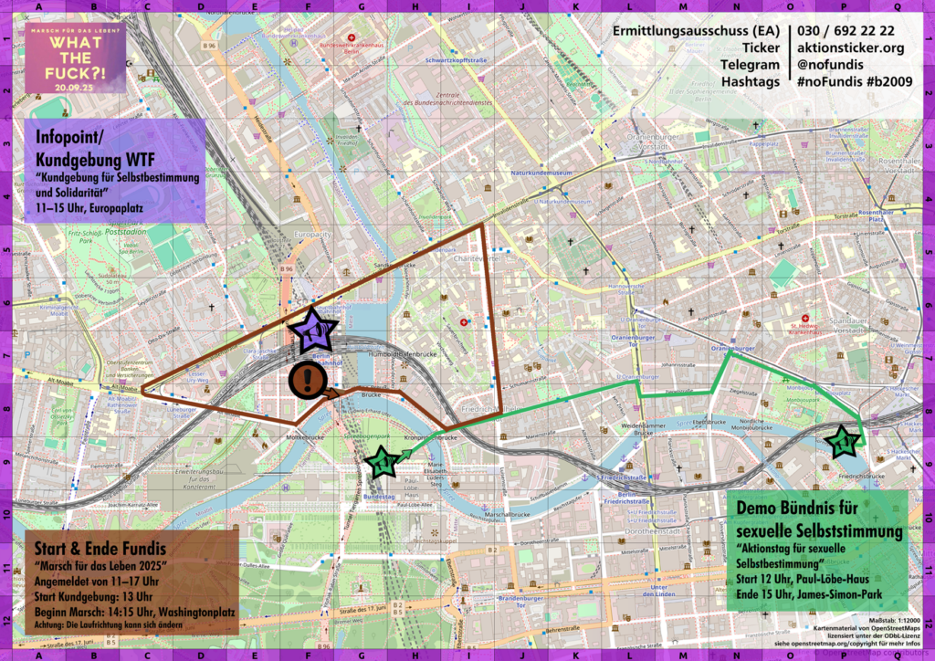 Aktionskarte für den 20.09.2025. WTF-Infopoint/Kundgebung: 11-15 Uhr Europaplatz "Marsch für das Leben": 14:15 Uhr-17 Uhr. Start & Ende Washingtonplatz, Route über Luisenstr. und Invalidenstr. BFSS: Start 12 Uhr: Paul-Löbe-Haus